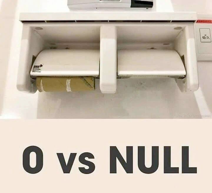 This meme is a visual representation of the difference between two programming concepts: "0" (zero) and "NULL" (a null value). The image shows a toilet with a sign that says "0" and a toilet with a sign that says "NULL", implying that the two toilets are empty, but one is labeled as "0" (empty) and the other is labeled as "NULL" (empty, but with a specific label). The text at the bottom of the image reads "0 vs NULL".